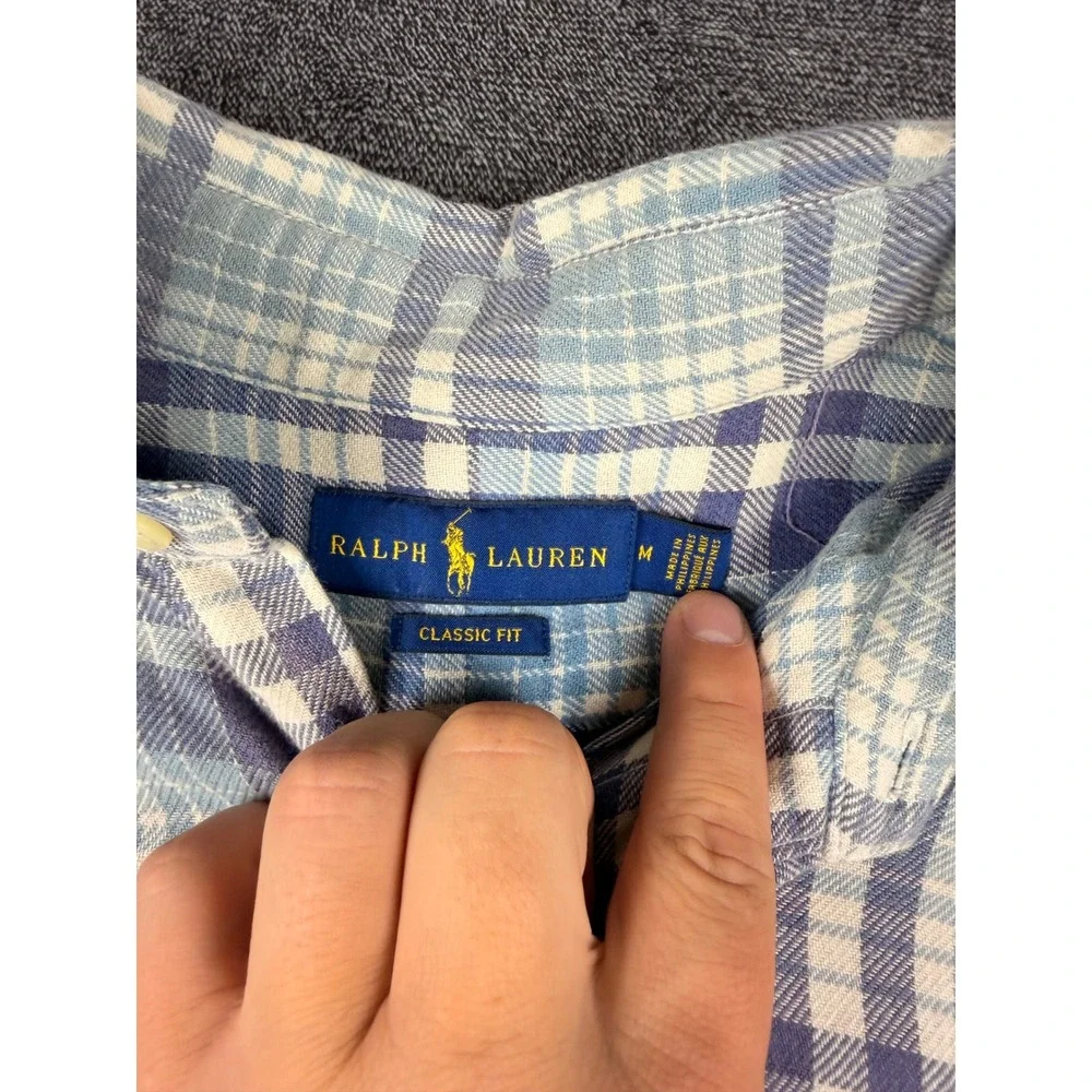 Polo Ralph Lauren Mens Classic Fit Blue White Plaid Cotton Button Down Flannel M